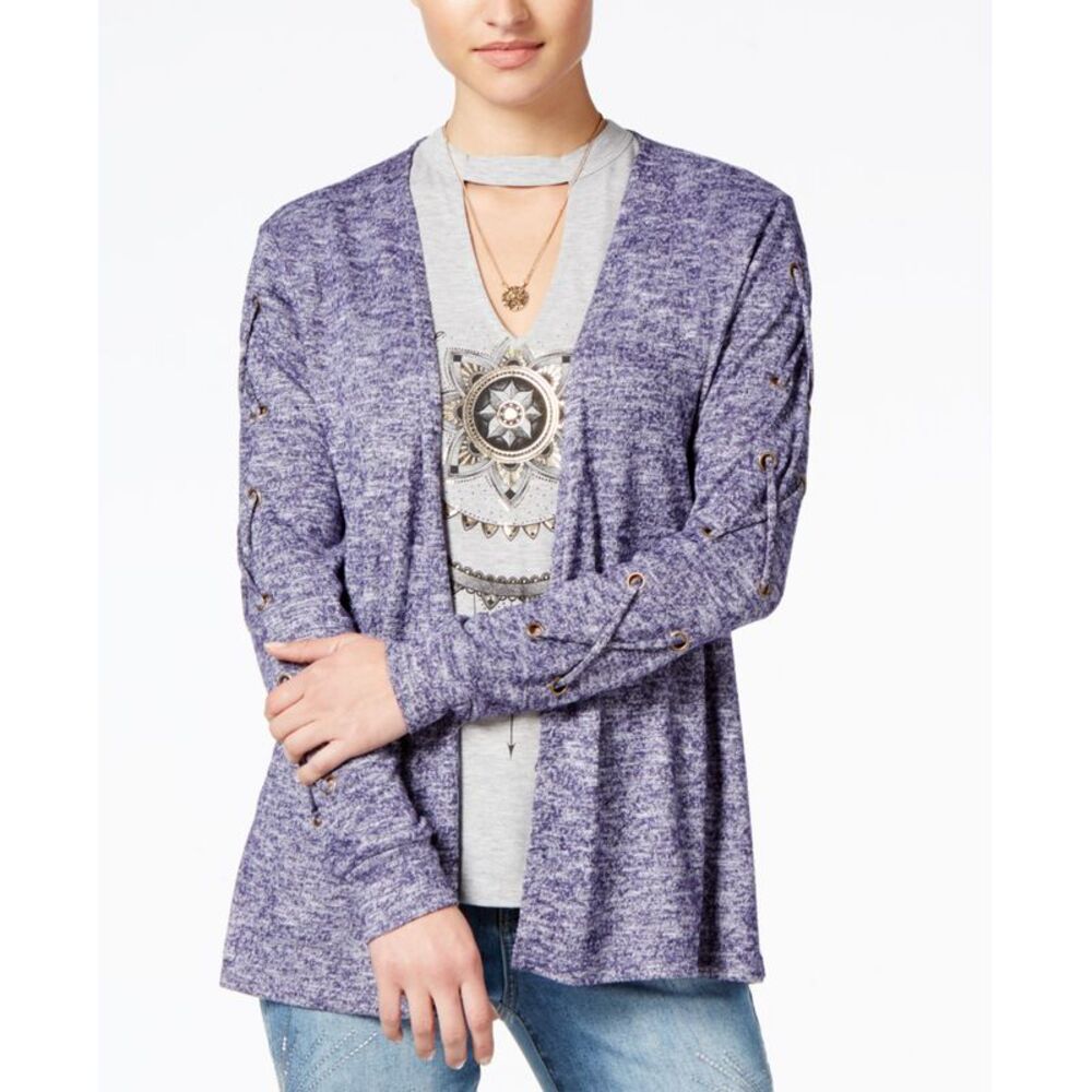 Belle Du Jour Juniors Lace Up Cardigan Graphic T-Shirt Set With Necklace
